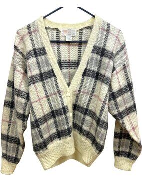 Vintage Premier Mohair Plaid Cardigan Women's M Fuzzy Preppy Academia Ivory Gray
